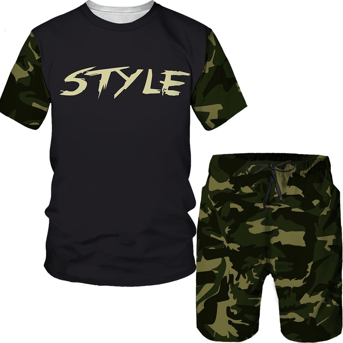 Summer Clothing Pieces - Setelan Pria Kamuflase Kaos Cetak 3D