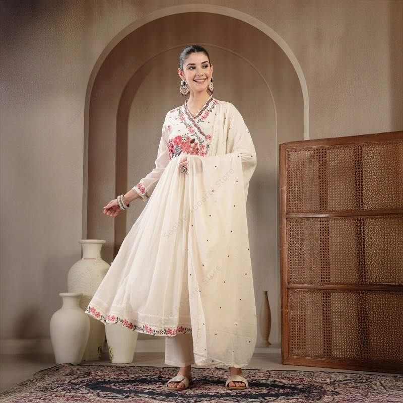 Summer Clothing India - Set Kurti Anarkali Katun Putih dengan