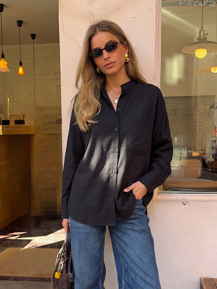 HH Kemeja Kerah Berdiri Hitam  - Summer Days Clothing ulasan dan harga